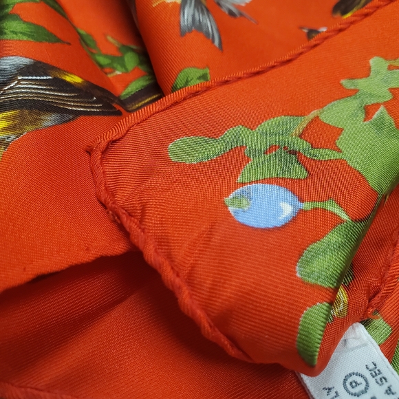 100% Silk Bird Print Scarf. 34" x 34". Orangish Red w/ Multicolor Birds - Picture 5 of 13